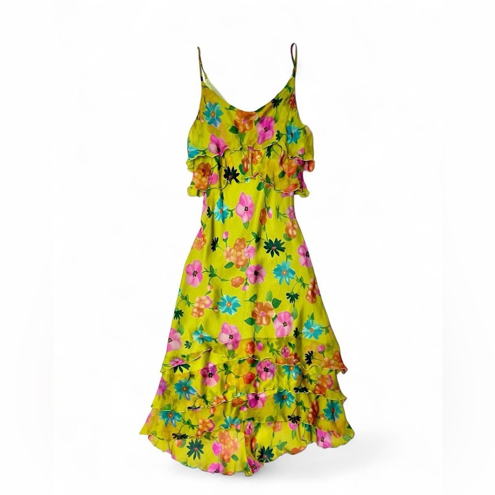 Bright Floral Ruffle Maxi Dress - Lime Green with Pink & Turquoise Flowers